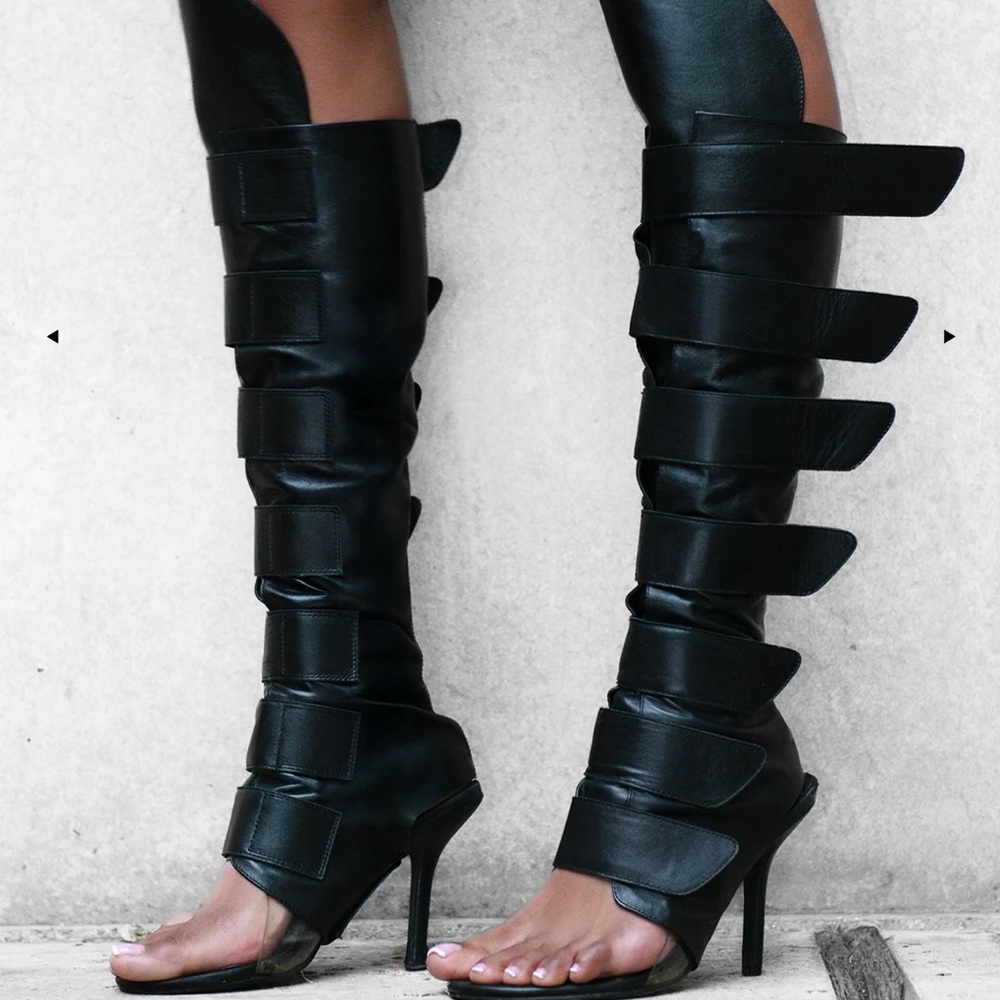 Black Over-the-Knee Strappy Stiletto Boots